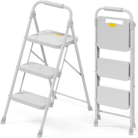 Escabeau à 3 marches Pliable en Acier Gris Clair, Rampe, verrou sécurité, Charge 150 KG, léger pour Maison Cuisine Garage Bureau (1/5)