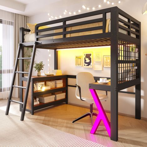 Lit mezzanine 1 place 90 x 200 cm noir avec bureau, placards, panneau grillagé, éclairage LED multicolore tactile et via application, garde-corps (1/5)