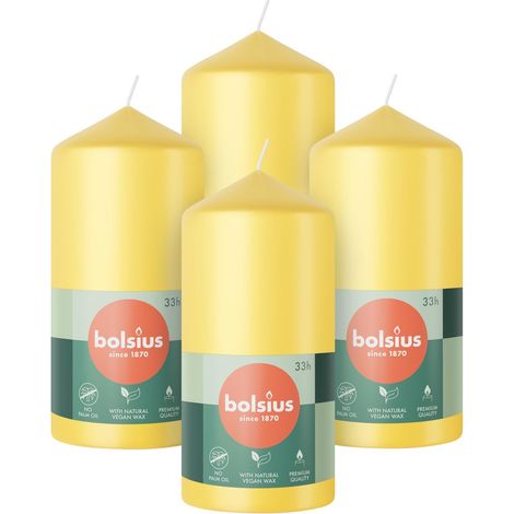 Bolsius Candele a colonna, confezione da 4 pezzi, 12 x 6 cm, candele decorative per la casa, lunga durata di 33 ore, inodore, cera vegana naturale, senza olio di palma (1/5)