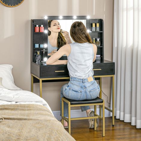 Coiffeuse avec miroir et éclairage intégré, tabouret rembourré, 2 tiroirs, étagères, coiffeuse moderne, noir