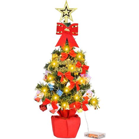 Sapin de Noël Artificiel avec Guirlande Lumineuse LED, 55cm Mini Arbre de Noël de Table Petit Sapin de Noël avec Pot, Chiffon Rouge et Ornements Décor de Noël pour Table et Bureau (1/5)