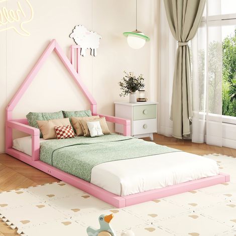 Lit cabane enfant 90x200 cm - en bois de pin massif - Rose