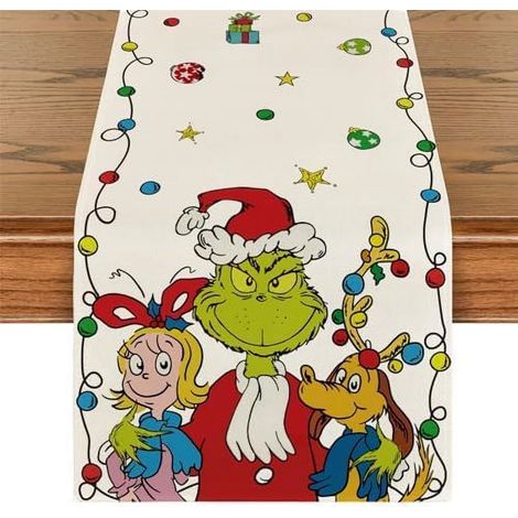 Chemise De Table De Noël - Décor De Cuisine Hivernal - Motif Père Noël Et Lutins - Vert - Pour Fête Familiale Ou Réveillon - 1 Pièce