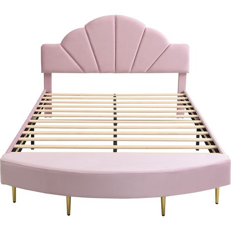 Lit rembourré avec tête de lit en velours, banc assorti de la même couleur, bord en mousse anti-collision souple, cadre de lit stable, velours + contreplaqué, rose, 140x200cm (1/5)