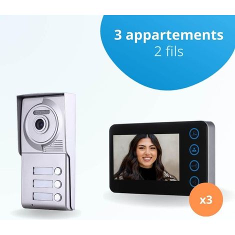 Portier interphone vidéo NEO 2 Fils - 3 appartements - 3 écrans noirs
