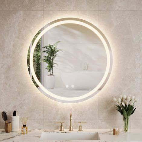 Miroir de salle de bain rond LED - Éclairage 3 couleurs réglables - Intensité changeant - Anti-buée - Interrupteur tactile - Verre trempé anti-explosion sans cadre - Design européen - Diamètre 600mm - (1/5)