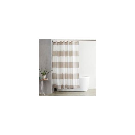 Cortina de ducha de tela resistente al agua y al moho, con ojales y ganchos, lavable a máquina, 180 x 180 cm, rayas beige.