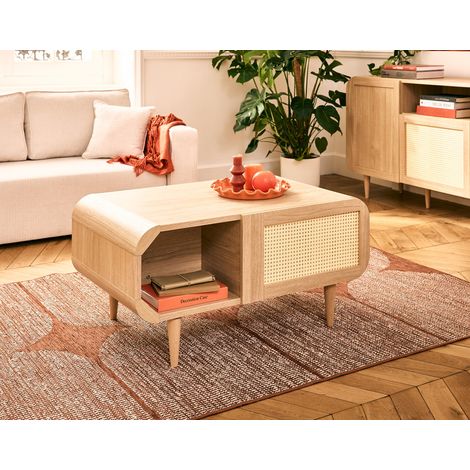 Mathilde - table basse - effet bois et cannage - 1 niche - 100 cm - bois (1/5)