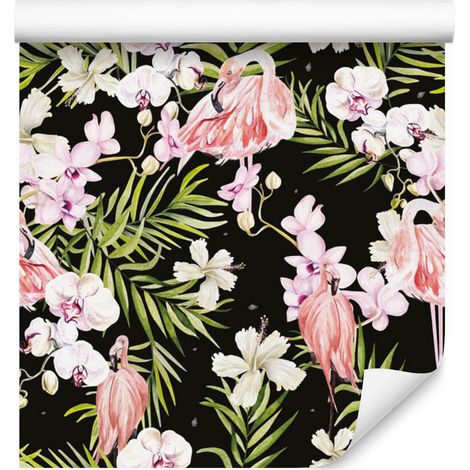Papel pintado con flamencos, flores, hojas y verde para salón y dormitorio, 50x1000 cm. (1/5)