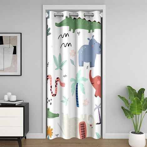 Rideau de Porte Animaux Sauvages 86x203 cm, Occultant Thème Zoo, Placard Africains Mignons Éléphants Hippopotames, Décoration de Chambre d'Enfant - 86L X 203H cm (1 Panneaux) (1/5)