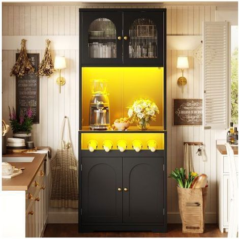 Buffet 70x38.5x180cm LED RGB Contrôle App - Meuble De Rangement - Portes Verre Incurvé, Casier à Vin, Anti-basculement, Noir (1/5)