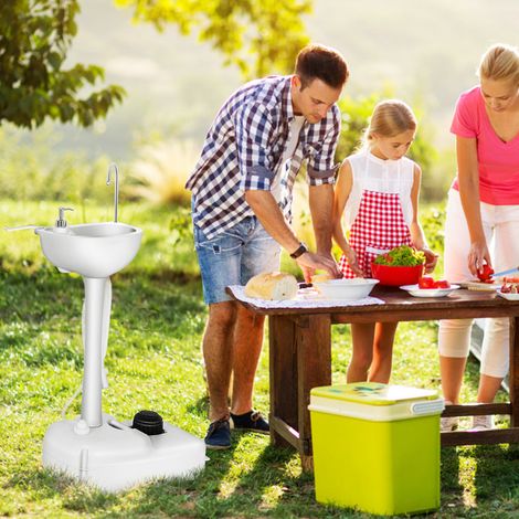 Évier de Camping à Roulette avec Réservoir d'Eau de 17 L Pompe à Pied Porte-serviettes Distributeur de Savon Inclus Maison Chic (1/4)