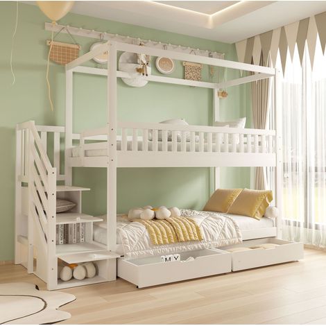 Etagenbett Kinderbett Hausform 90x200 cm aus Holz, weiß, mit Sicherheitsleiter, Schubladen und Lattenrosten (1/5)