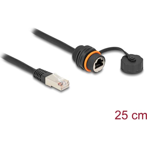 Delock Cable RJ45 macho a RJ45 hembra Cat.6A para empotrar con rosca M20 y tapa protectora IP68 antipolvo e impermeable 25 cm negro