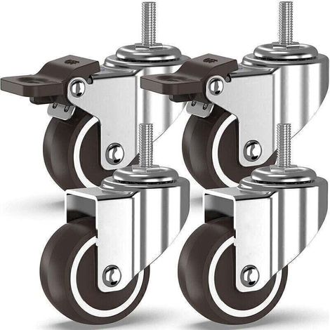 Roulettes pivotantes ELLE-4 à tiges filetées, roulettes pour meubles, roues à freins pour transport industriel de planches (50 mm avec tiges M10, 2 avec freins, 2 sans freins)