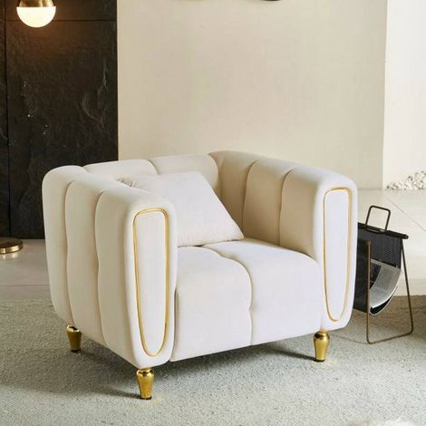 Dmora - Sessel Branco, Gepolsterter Sitz, Einzelsofa im Wohnzimmer, Stuhl mit Armlehnen, 81x97 h71 cm, Creme und Gold (1/5)