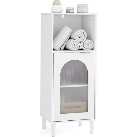 GOPLUS GOLUS Armoire de Salle de Bain, Meuble de Rangment Cuisine avec Étagère Réglable, Porte Verre Cannelée, 1 Compartiment Ouvert, Meuble Polyvalent pour Entrée, 35 x 30 x 90 cm, Blanc (1/5)