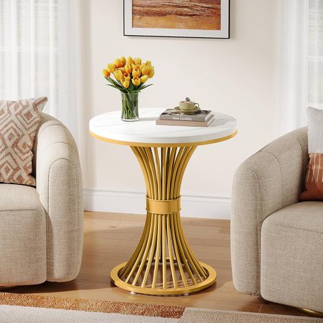 Tribesigns Round Side Table, Modern Faux Marble End Table with Sturdy Metal Base, Small White Gold Bedside Nightstand, Wooden Accent Coffee Table for Living Room, Bedroom, Sofa Side (1/5)