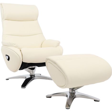Poltrona relax reclinabile con poggiapiedi HHG-334 girevole pelle/ecopelle metallo, avorio
