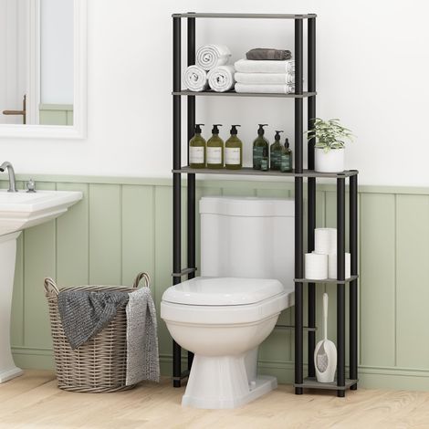 Étagère De Rangement À Poser Au-Dessus des Toilettes, 5 Niveaux, Étagère De Salle De Bain Autoportante Gain De Place, Chêne Gris (1/5)
