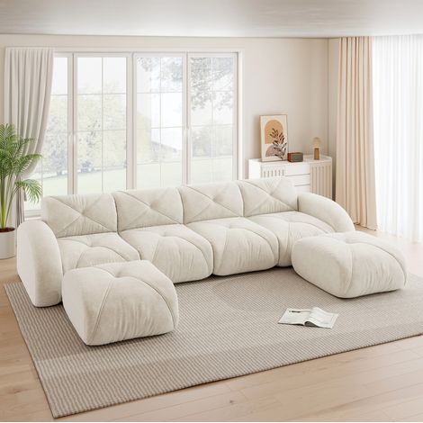 Divano modulare in ciniglia con pouf beige OKMYHOME (1/5)