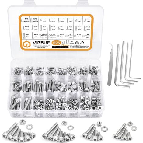 Lot de 625 vis M3 M4 M5 M6 à six pans creux en acier inoxydable écrous et rondelles Assortiment de vis hexagonales en acier inoxydable 304 dans une boîte de rangement (1/5)
