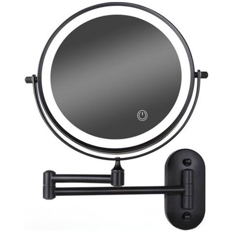 Miroir de maquillage mural à LED 8 pouces, intensité variable, double face, grossissement x5 (noir) (1/4)