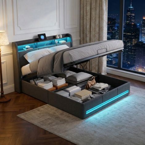 VASIEN – Lit Coffre 140x200 avec Sommier,Lit adult,Lit Double Rembourré avec LED réglable et chargement USB,Lit 2 Personnes avec Rangement Hydraulique,Rangement en Tête de lits,Lin Gris,sans Matelas (1/5)