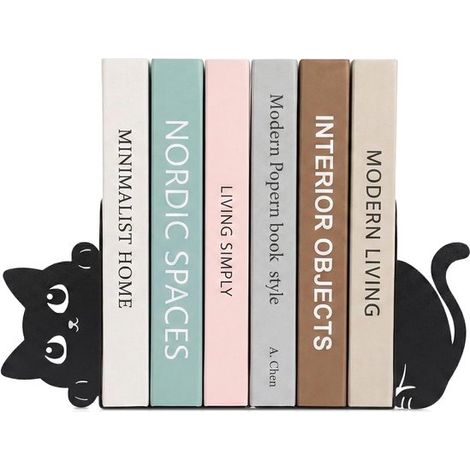 Juego de 2 sujetalibros metálicos con forma de gatos curiosos,sujetalibros decorativos para estanterías,escritorios y mesas (1/4)