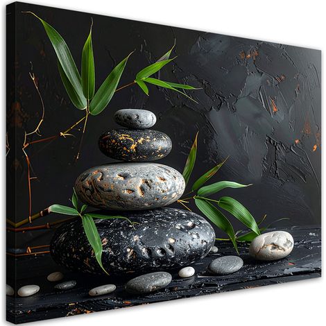 Quadro su tela, Pietre Zen Spa foglie di bambù nere, 90x60 (1/5)