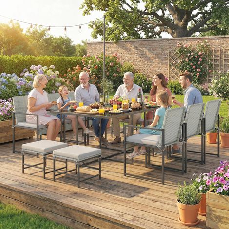 Ensemble de salle à manger d'extérieur 11 pièces. Mobilier de jardin comprenant 6 fauteuils et 4 poufs. Gris. (1/5)