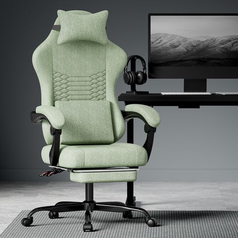 Chaise de jeu en tissu, chaise de bureau, chaise de jeu de massage avec appui-tête, siège de jeu de course ergonomique avec repose-pieds (vert)