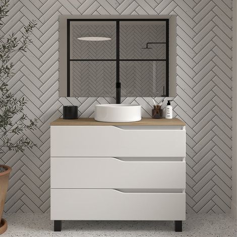 Meuble de salle de bain 100cm avec plateau miel et vasque à poser - 3 tiroirs - blanc - MATA (1/5)