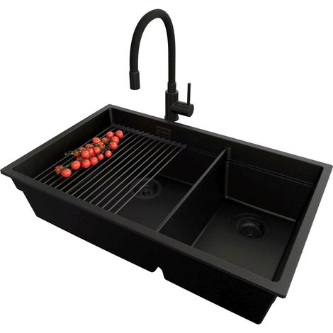 PRIMAGRAN Evier Cuisine en Granit 76x47cm, Lavabo 2 bacs + Kit de Vidage + Accessoire, Évier à Encastrer au meuble 80cm - Prague Slim Duo, Tout Noir (1/5)