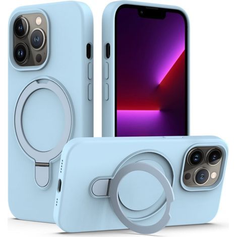 Étui magnétique en silicone liquide pour iPhone 12 Pro Max, compatible avec la charge MagSafe et le support anneau, bleu ciel. (1/2)
