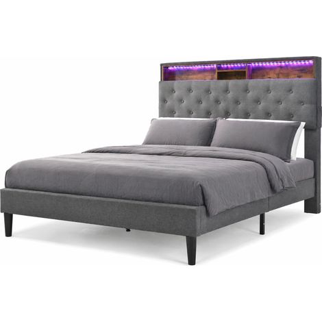 Lit Double Rembourré en Bois Massif avec Rangement, LED et Tête de Lit, 140 x 200 cm, Matelas Inclus, Gris (1/5)