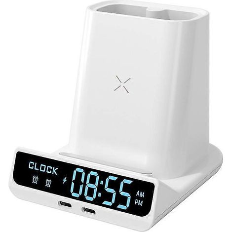 Boîte de rangement pour stylos, réveil électronique LED avec luminosité réglable, chargeur sans fil 15 W, horloge de table blanche (1/5)