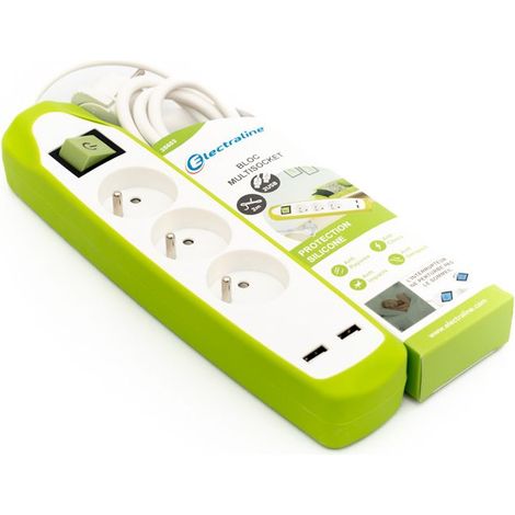 Bloc Multiprise 3 prises et 2 USB, Couverture en silicone protection contre chocs, Câble 2M, Fiche plat (1/3)