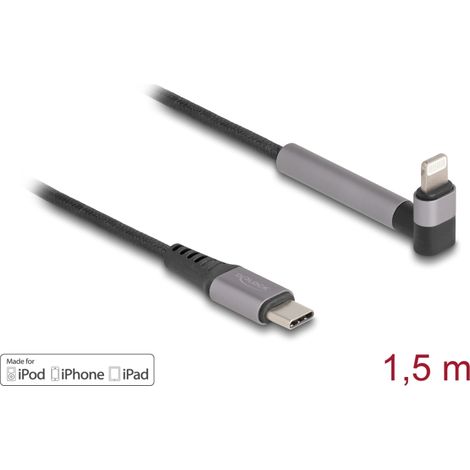 Delock Cable de datos y carga USB Type-Câ¢ a Lightningâ¢ para iPhoneâ¢, iPadâ¢, iPodâ¢ acodado con funciÃ³n de soporte negro 1,5 m MFi