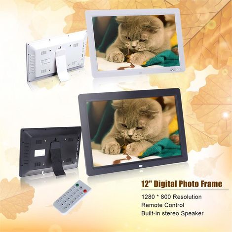 Cadre photo numérique 12 pouces HD TFT-LCD 1280 x 800 avec écran panoramique, réveil, lecteur MP3/MP4 et télécommande.