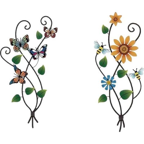 JSSEVN-2 Pcs Décoration Murale de Fleur en Métal,Tournesol avec Papillons Decoration Murale Jardin Exterieur,Décorations Suspendues (1/5)