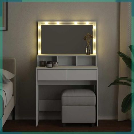 Coiffeuse - avec LED - blanc - 2 tiroirs - 3 compartiments (1/5)