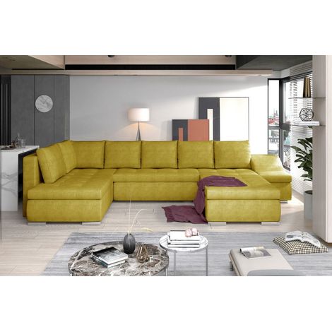 Canapé panoramique GYOVANI jaune chiné angle droit convertible mousse T30 (1/2)