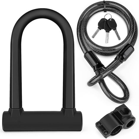 Antivol en U pour vélo, antivol en D robuste avec 3 clés, câble flexible en acier de 1,2 m et support de fixation. (1/4)