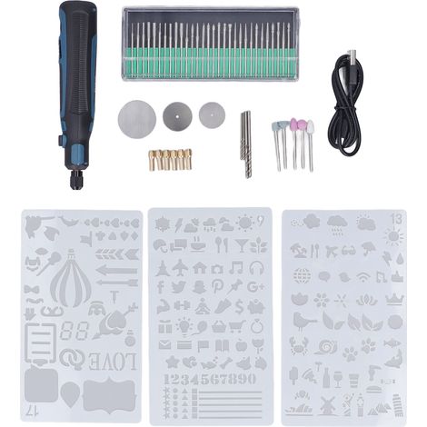 Kit outil rotatif sans fil 3.6V bleu, mini électrique rechargeable 15000RPM, 3 vitesses réglables pour ponçage et gravure. (1/5)