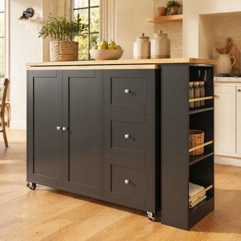 MEUBLIV îlot de cuisine 203x39x106 cm noir – rotatif 360° avec 3 tiroirs et roulettes (1/5)