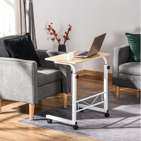Mesa auxiliar en C ajustable 60 x 40 cm, con ruedas y frenos, madera natural y blanco DESVIAE (1/5)