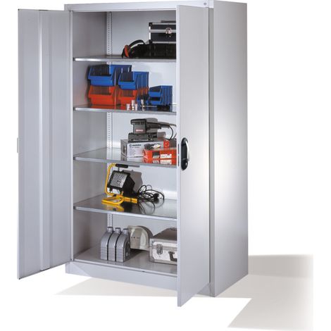 Armoire à outils C+P avec portes battantes, 4 tablettes intérieures, H1950xL1200xP600mm Façade gris clair Corps gris clair (1/4)