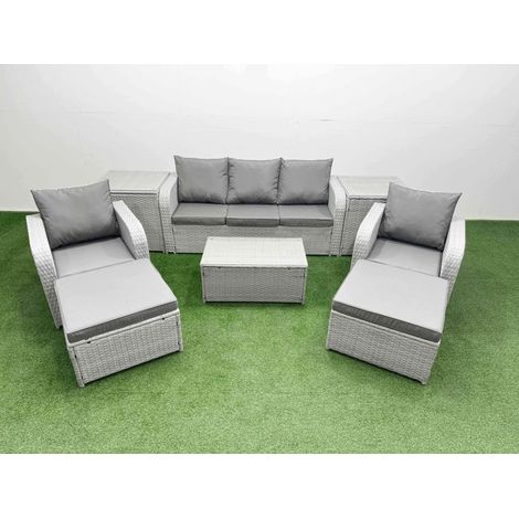 Fimous PE Rattan Garden Furniture Set Reclining Chair Sofa Lounge Sofa Set Oblong Coffee Table 2 Side Table 2 Big Footstool Light Grey (1/4)