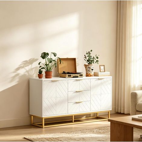 Sideboard 120/40/76 cm bianco e oro con 2 armadietti, 3 cassetti e ripiani regolabili (1/5)